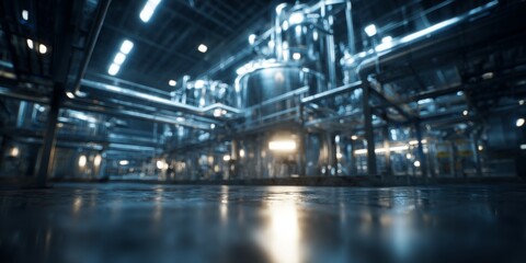 Industrial machinery and equipment in a modern factory setting showcasing pipes, vessels, and high-tech features in low light conditions