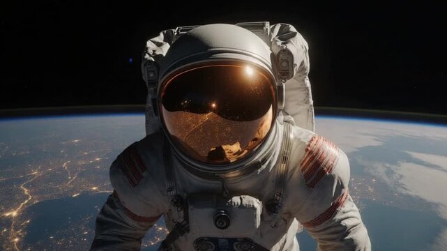 Astronaut in space suit orbiting Earth at night with city lights visible