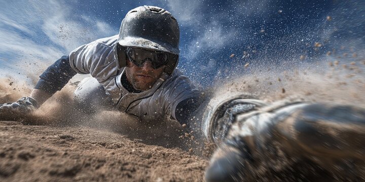A baseball or softball player sliding dramatically into home plate, dust flying, focus on the energetic movement and winning moment, high-speed photography.