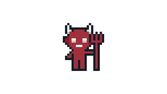 8-bit pixel art cute red devil character holding spear. looped animation 4k 30fps