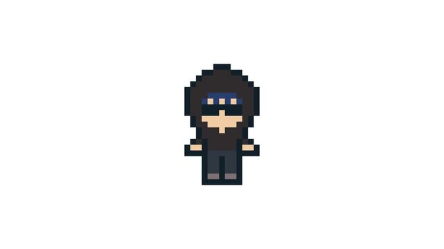 8-bit pixel art dark hoodie hacker character idle. looped animation 4k 30fps