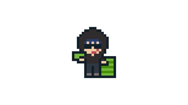 8-bit pixel art dark hoodie hacker character hack with his laptop. looped animation 4k 30fps