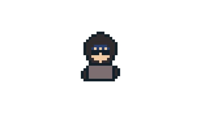 8-bit pixel art dark hoodie hacker character hack with his laptop. looped animation 4k 30fps