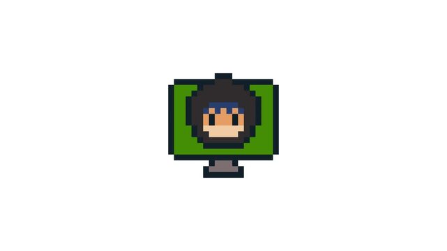 8-bit pixel art dark hoodie hacker character pops out of computer screen. looped animation 4k 30fps