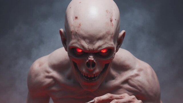 Horrifying creature with glowing red eyes and menacing grin