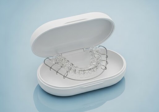 Clear dental retainer with metal wires rests inside its white protective case against a pale blue background.