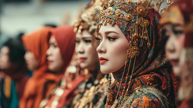 Women dressed in colorful traditional costumes stand in row during festive cultural event, highlighting rich heritage, craftsmanship. Foreground features woman with elaborate golden jewelry