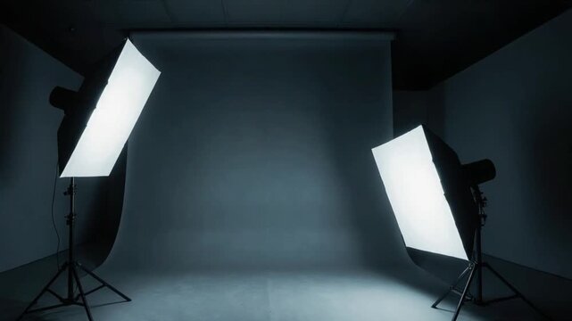 Empty professional photography studio with grey backdrop and softbox lights