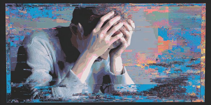 A person looking frustrated and holding their hand up to their temple during a frozen or pixelated video call on the screen, conveying technical difficulties, poor connec