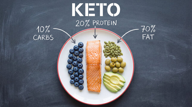 Keto diet plate showing balanced macronutrients: 10% carbs, 20% protein, 70% fat