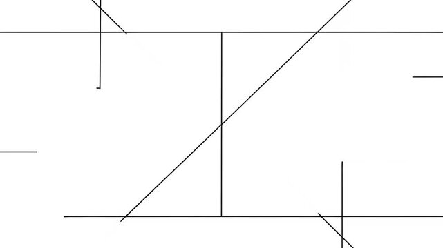 A stark geometric composition on a white field. Four connected squares and diagonal lines create a balanced, abstract visual
