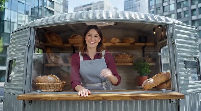 A friendly young female baker in an apron smiles warmly while standing proudly behind the wooden counter of her charming mobile bakery food truck, showcasing freshly baked artisan bread loaves.