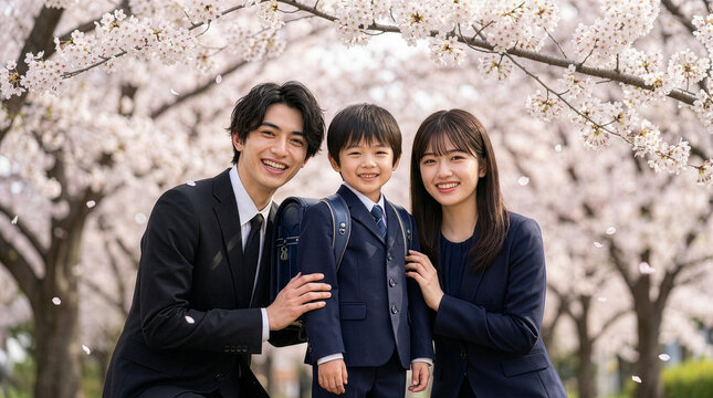満開の桜の中で子供の小学校入学式で笑顔の家族