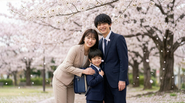 満開の桜の中で子供の小学校入学式で笑顔の家族