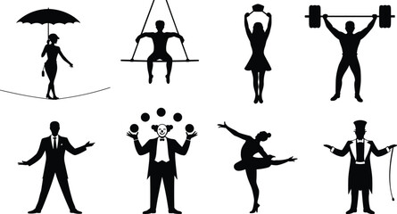 Black circus performer silhouettes set including tightrope walker clown juggler strongman trapeze artist and ringmaster isolated on white background for entertainment event design © SHAPLAKHATUN