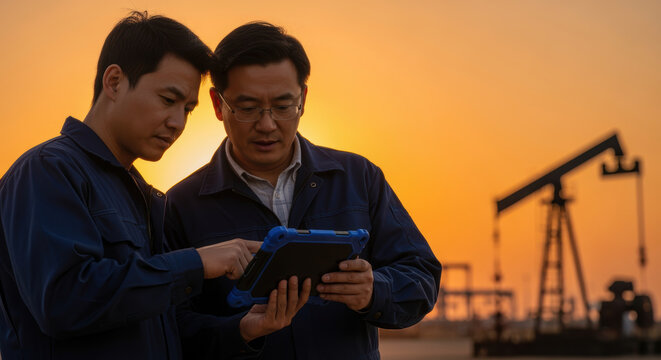 Oil workers using tablet at oilfield pumpjack during sunset industrial work