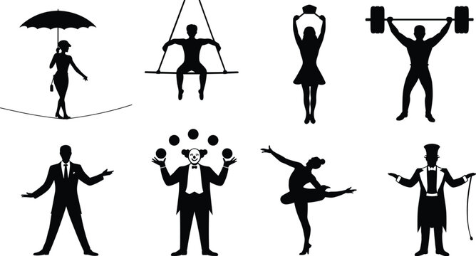 Black circus performer silhouettes set including tightrope walker clown juggler strongman trapeze artist and ringmaster isolated on white background for entertainment event design