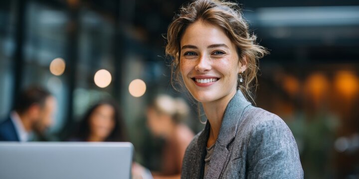 Young woman with joyful expression in modern workspace, smiling confidently at camera, surrounded by blurred colleagues in professional environment