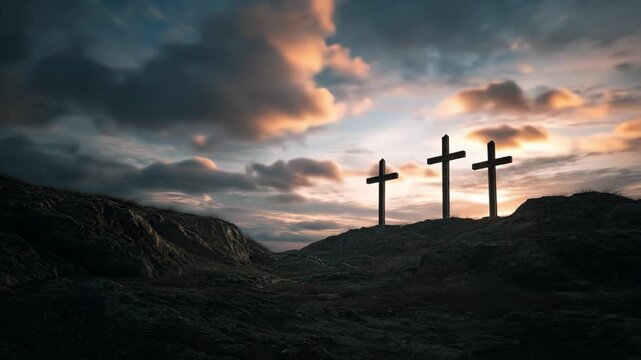 Three wooden crosses on the rocky Mount Calvary under a dramatic timelapse sky with sunlight breaking through clouds. Concept of faith, crucifixion and catholicism
