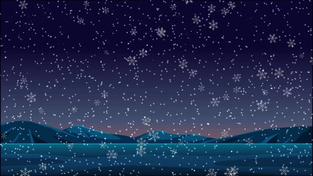 Animated Snowflakes Falling Over a Dark Blue Mountain Landscape at Night