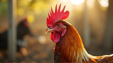 Detailed close up portrait of a majestic rooster featuring a bright red comb illuminated by golden hour sunlight on a farm