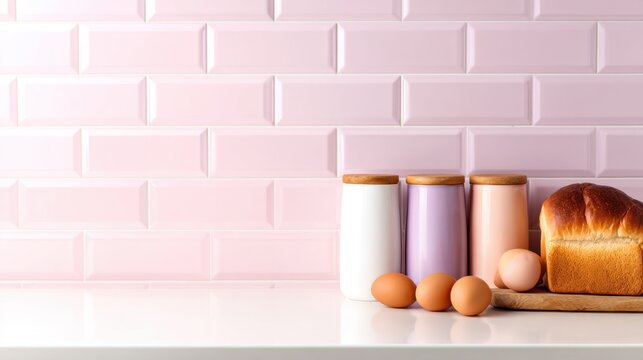 Modern kitchen scene featuring colorful jars, eggs, and a loaf of bread against a pink tiled wall