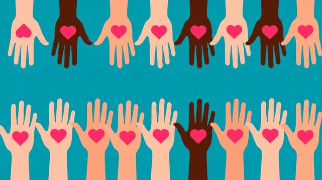 Multiple hands with varying skin tones each holding a pink heart in its palm are arranged against a teal background in two horizontal rows