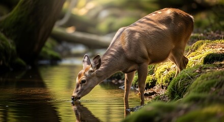 Gentle brown deer cautiously drinks cool water from a shallow forest stream illuminated by warm dappled sunlight through the trees