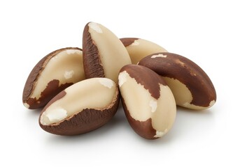 Several shelled nuts with creamy white kernels and dark brown skins rest in a cluster against a white background.