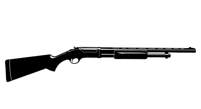 A clean black silhouette of a pump action shotgun on a plain white background