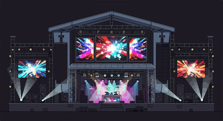 Neon lit building facade with colorful displays and speakers nightclub or concert venue with vibrant lights