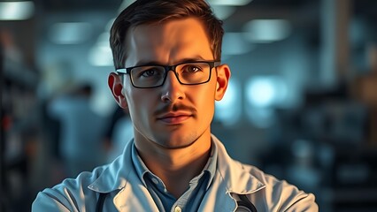 Obraz premium competent. A focused technical expert in a professional environment with a cool-toned abstract background. pitch deck slides.