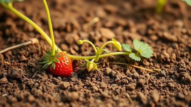 stolon. Close-up of a strawberry plant's stolon creeping across soil in morning light. gardening catalogs, home-decor guides, designed for gardening and botanical catalogs, enhances decor appeal.