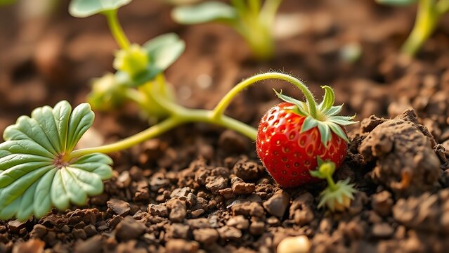 stolon. Close-up of a strawberry plant's stolon creeping across soil in morning light. gardening catalogs, home-decor guides, designed for gardening and botanical catalogs, enhances decor appeal.