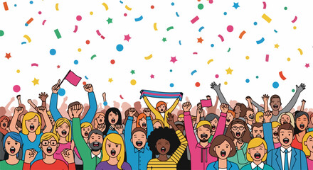 Obraz premium Diverse crowd celebrating with confetti joyful people cheering and waving flags in festive atmosphere