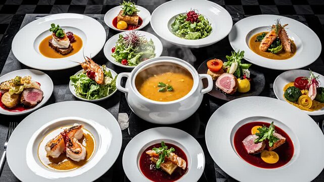 Elegant gourmet dishes and steaming soup on a dining table