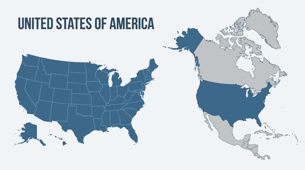 Obraz premium United States of America Map Collection: Detailed US States and North American Political Geography