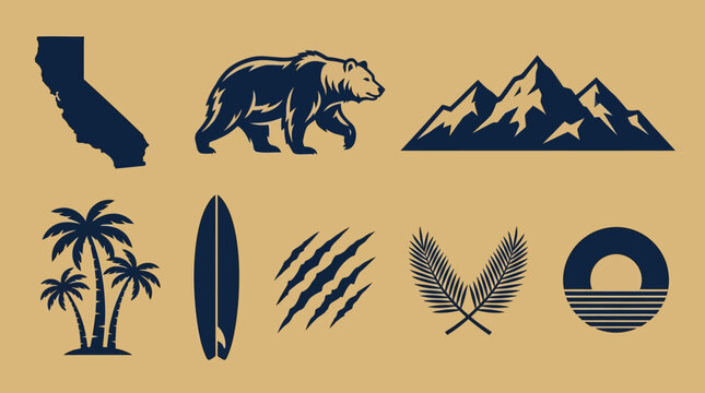 California Nature & Culture Icons: State Map, Bear, Mountains, Surf, Palm Trees, Sunset Vector Set