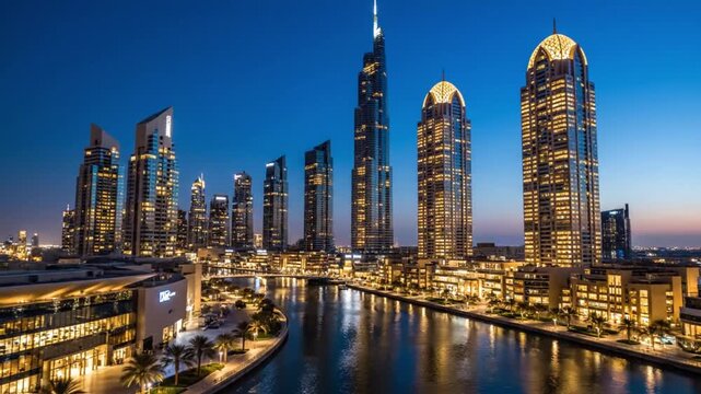 Panoramic view of a modern city skyline at dusk with skyscrapers and high-rise buildings illuminated along a waterfront canal with a bridge.