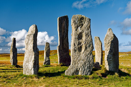 Tursachan prehistoric Neolithic stones at Callanish, Isle of Lewis, Scotland. aka Callanish I. The tall central monolith and part of the core circle