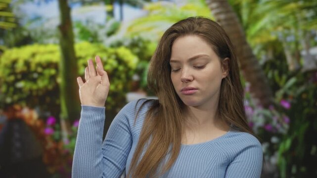 Young caucasian woman waves hand for dismissal and scrunches face in green park amid tropical foliage; disgust.
