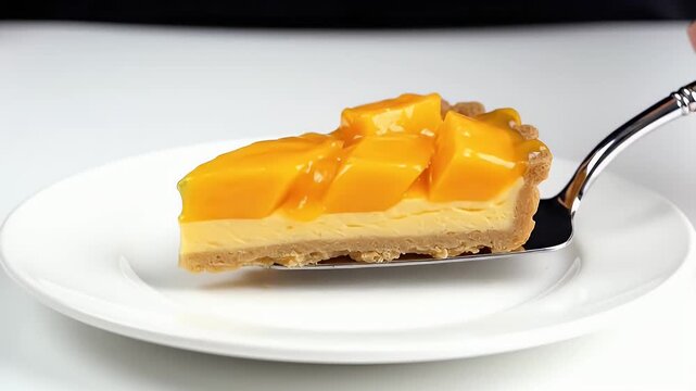 Delicious Mango Tart Slice Rotating Seamlessly on a White Plate with Serving Utensil Ready to Serve