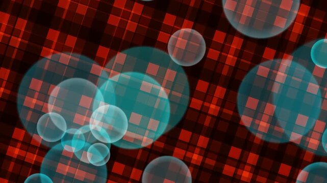 Dynamic abstract background with translucent blue bubbles creating a modern moir&eacute; effect over a vibrant red tartan pattern. Digital art for contemporary design projects