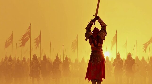A warrior stand alone in battle field and use a sword video in 4K 