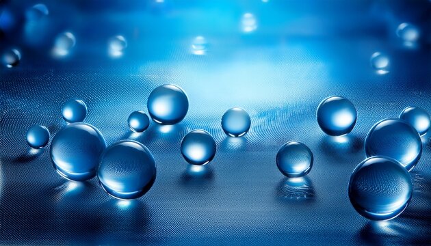Blue Abstract Background With Glass Spheres And Round Water Bubbles Reflecting Bright Light