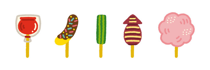 縁日 屋台フード セット イラスト 夏祭り 手描き シンプル