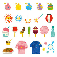 夏祭り イラスト セット 縁日 屋台 子ども 手描き シンプル フラット素材
