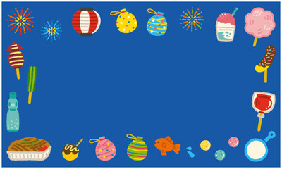 夏祭り イラストフレーム シンプル 長方形 縁日 屋台 手描き素材