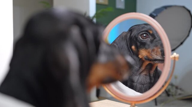 Black and tan dachshund faces a round tabletop mirror, sharp reflection centered while dog in foreground is softly blurred, indoor pet self check scene with warm light, smooth bokeh, and rim glow