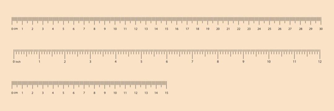 Ruler template collection. Measuring tool and ruler scale. Markup for rulers. Centimeters and inches measuring scale.  0 to 12, 30 Measuring scale set with centimeters and inches.